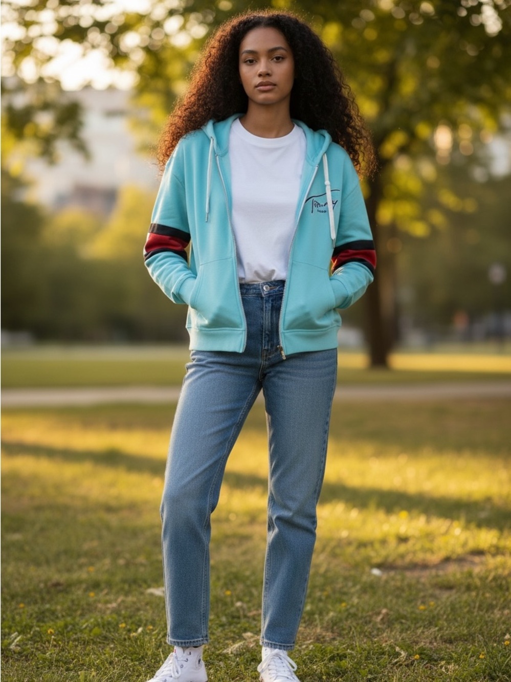 Tommy Hilfiger Aqua Zip-Up Hoodie with Contrast Sleeve Stripes